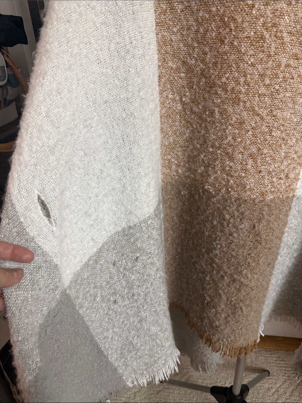 Open-Front windowpane Colorblock Shawl poncho Camel, Cream & Gray OS cottagecore - Picture 9 of 10